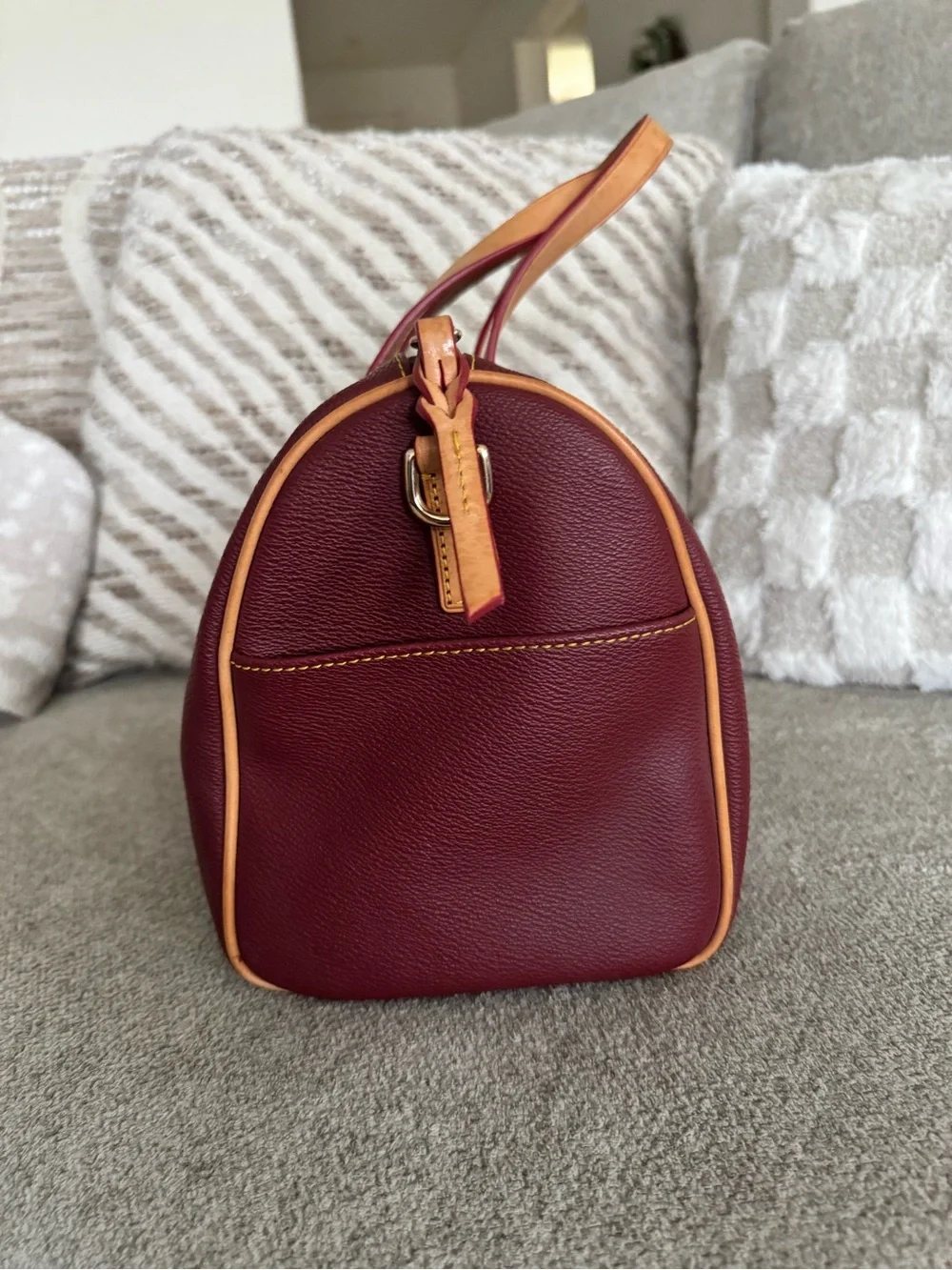 Dooney & Bourke Olivia Wine Leather Satchel with Tan Handles - Picture 3 of 13